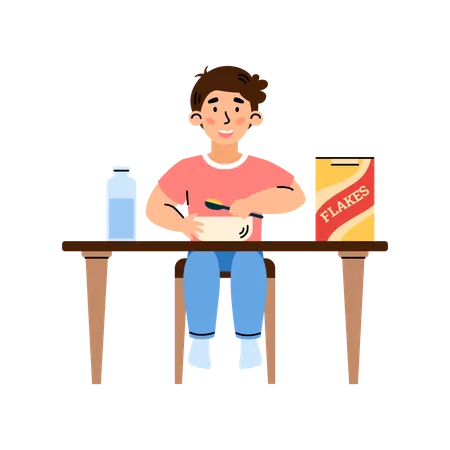 Boy eats cereal flakes for breakfast  Illustration