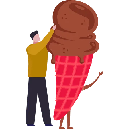 Boy eats chocolate ice cream cone  Illustration