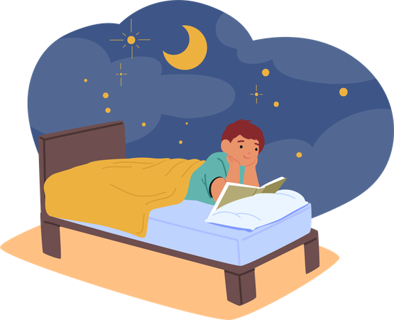 Boy Engrossed In Book In Bed  Illustration