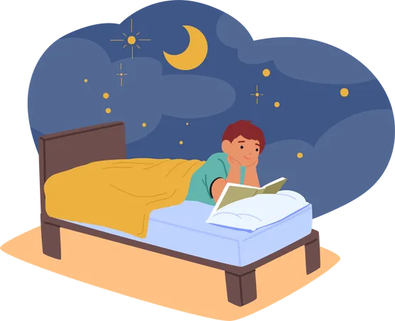 Child Boy Character Engrossed In A Book Nestled In Bed Captivated By Words That Transport Him To Magical Realms Fostering A Love For Stories And Dreams Cartoon People Vector Illustration Illustration