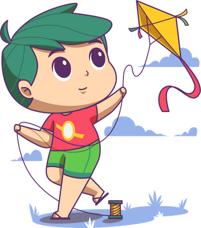 Boy enjoy flying kite  Illustration