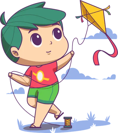 Boy enjoy flying kite Illustration