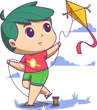 Boy enjoy flying kite  Illustration