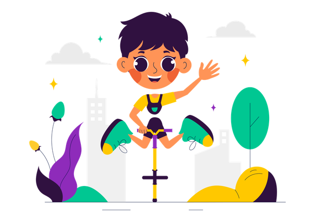 Boy Enjoy Pogo Stick  Illustration