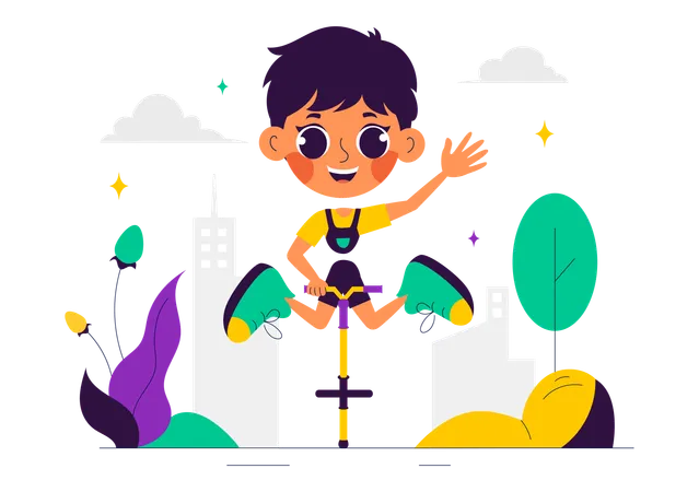 Boy Enjoy Pogo Stick  Illustration