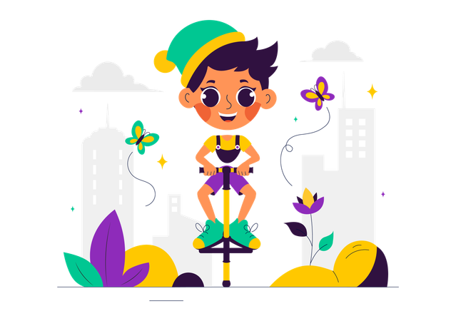 Boy Enjoy Pogo Stick  Illustration