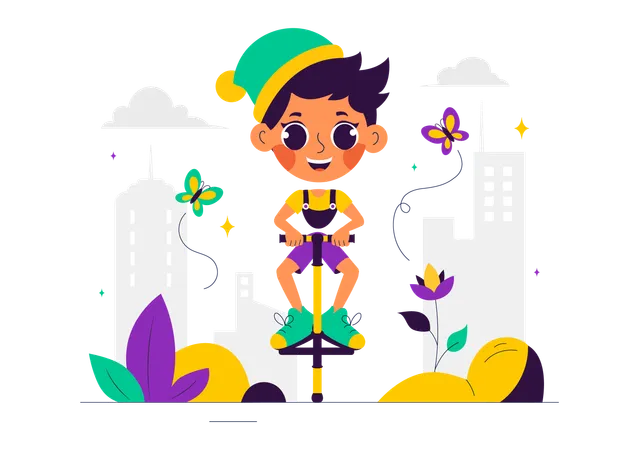 Boy Enjoy Pogo Stick  Illustration