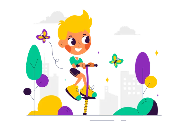 Boy Enjoy Pogo Stick  Illustration