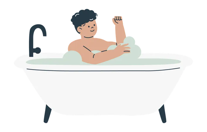 Boy Enjoying Bubble Bath  Illustration