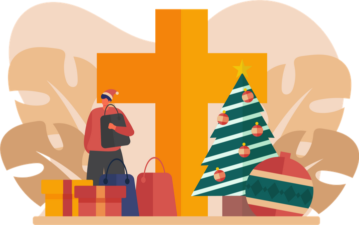 Boy Enjoying Christmas And Doing Shopping  Illustration