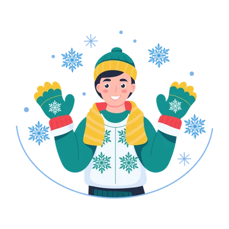 クリスマスの雪を楽しむ少年  イラスト