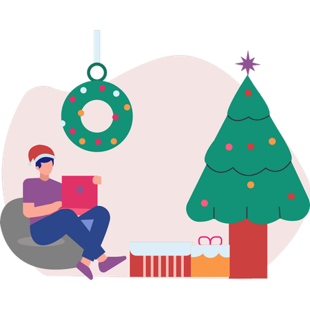 Boy enjoying Christmas while doing work  Illustration