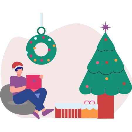 Boy enjoying Christmas while doing work  Illustration