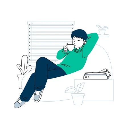 Boy Enjoying Coffee while listening Music  Illustration