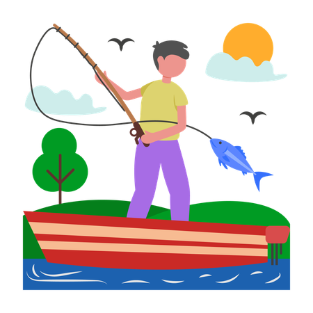 Boy enjoying fishing in lake  Illustration