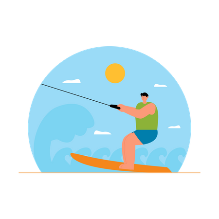 Boy enjoying kite surfing at beach  Illustration