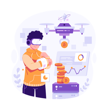 Boy enjoying metaverse world and investing bitcoin  Illustration