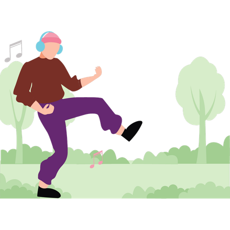 Boy enjoying music in forest  일러스트레이션