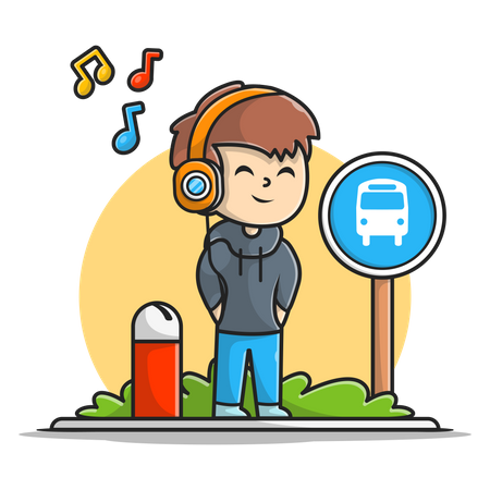 Boy enjoying music while waiting for bus  Illustration
