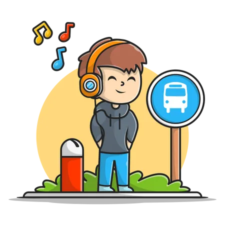 Boy enjoying music while waiting for bus  Illustration