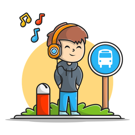 Boy enjoying music while waiting for bus  Illustration