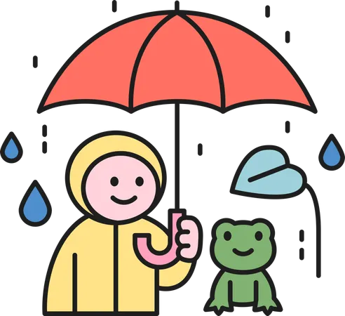 傘をさしながら雨を楽しんでいる少年  イラスト