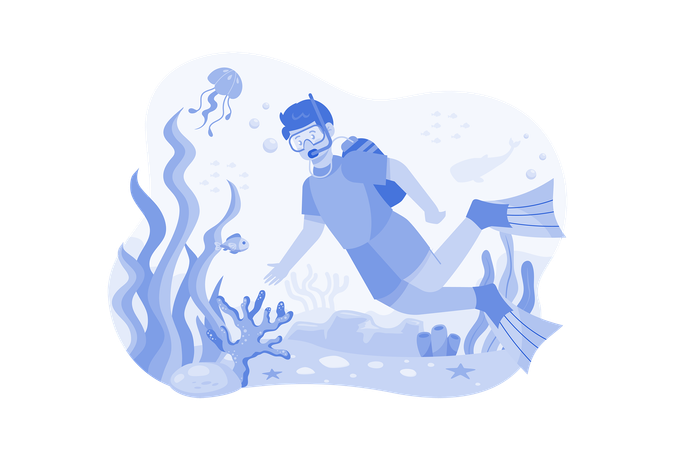 Boy Enjoying Scuba Diving  Illustration