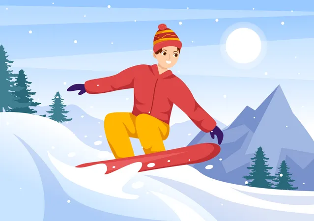 Boy Enjoying Snowboarding Illustration