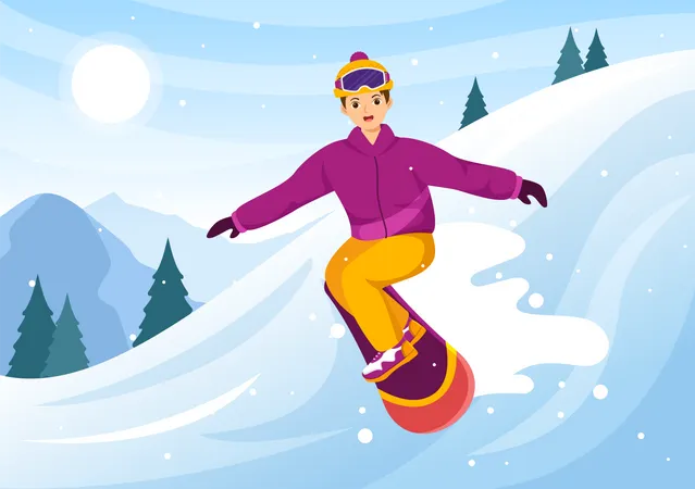 Boy Enjoying Snowboarding Illustration