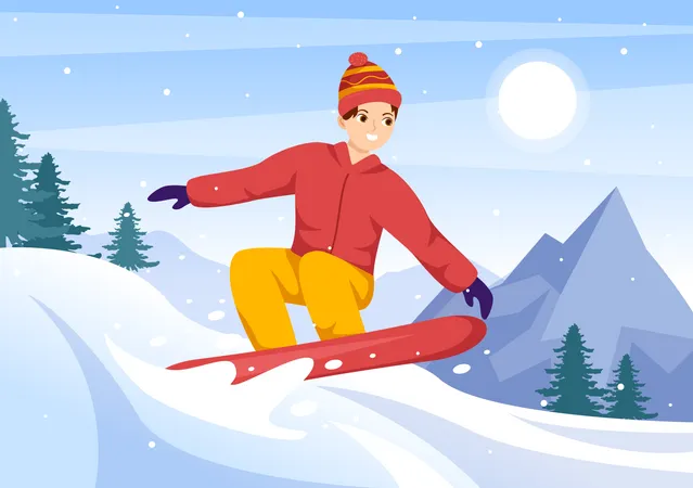 Boy Enjoying Snowboarding  Illustration