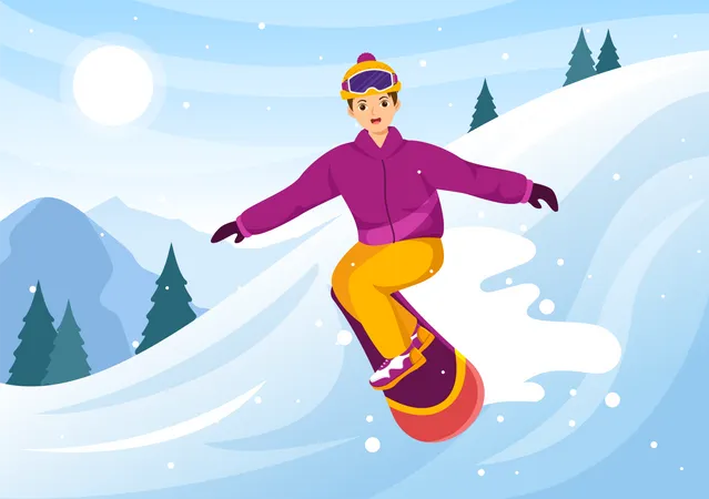 Boy Enjoying Snowboarding  Illustration