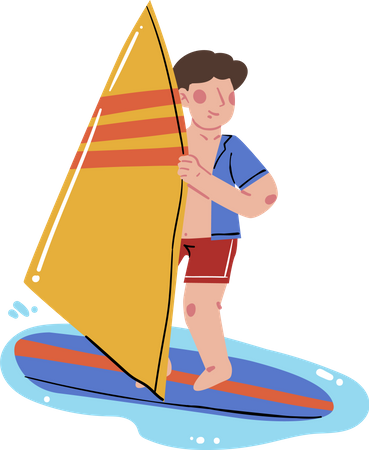 Boy enjoying Surfing in sea Illustration