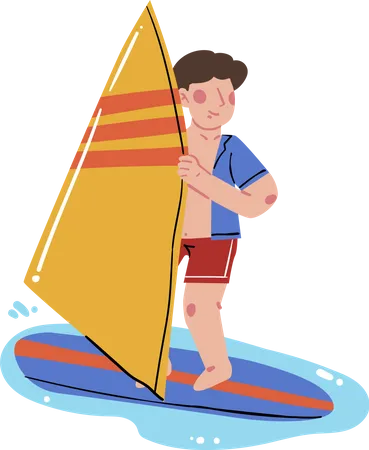 Boy enjoying Surfing in sea  Illustration