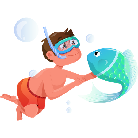 Boy enjoying underwater with fish  イラスト