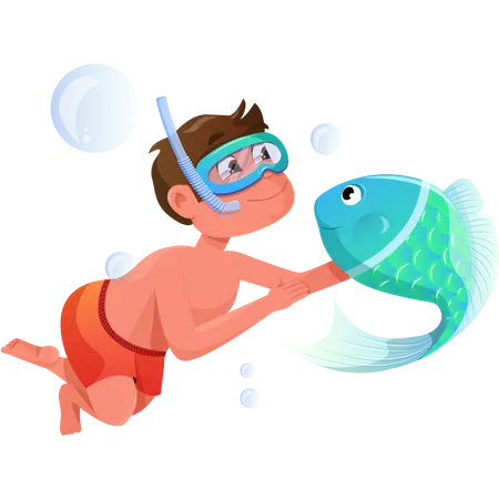 Boy enjoying underwater with fish  Illustration