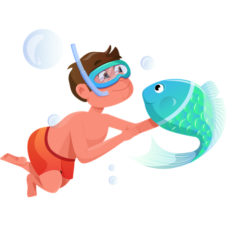 Boy enjoying underwater with fish  Illustration