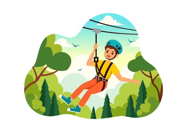 Boy Enjoying Zip Line  Illustration