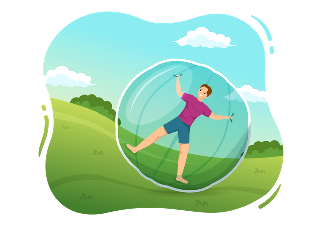 Boy enjoying zorbing down hill  Illustration