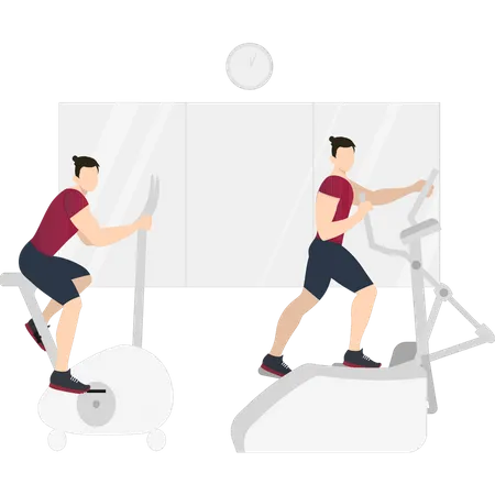Boy exercising on gym equipment  Illustration