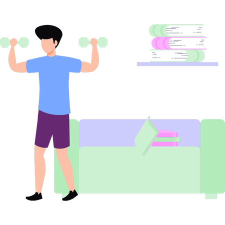 Boy exercising with dumbbells at home  일러스트레이션
