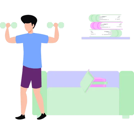 Boy exercising with dumbbells at home  Illustration