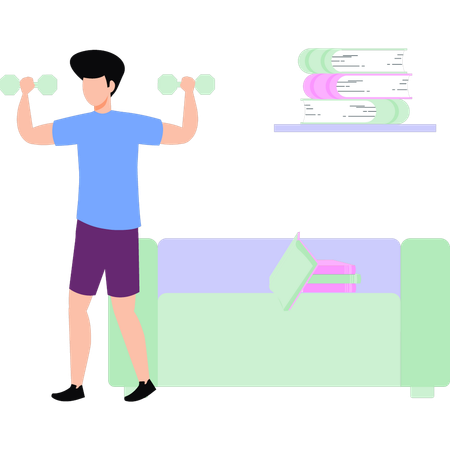 Boy exercising with dumbbells at home  Illustration