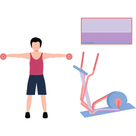 Boy exercising with dumbbells  Illustration