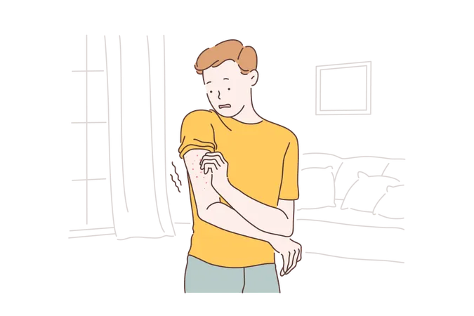 Patient Allergic Reaction Eczema Symptoms Concept Man With Rash On Arm Scared Boy Scratching Itch Pimples Frightened Guy Skin Irritation In Ankle Area Simple Flat Vector Illustration