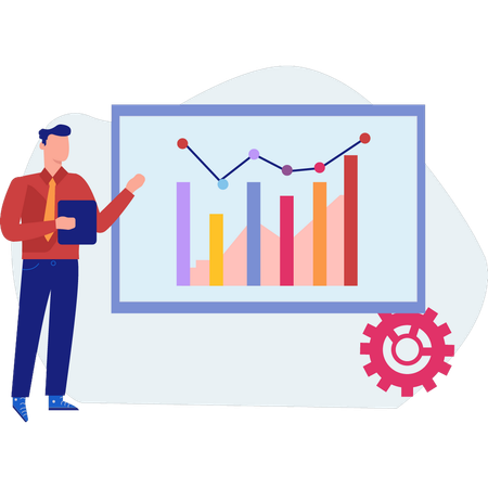 Boy explain bar graphs of data  Illustration