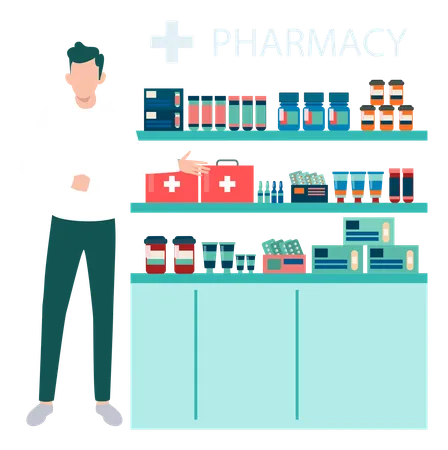 A Boy Is Telling About Medicines In A Pharmacy Illustration