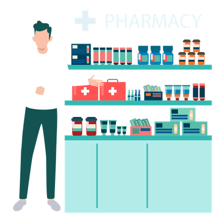 Boy Explaining About Medicines In Pharmacy  Illustration