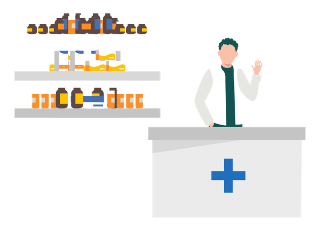 Boy Explaining About Medicines In Pharmacy  Illustration