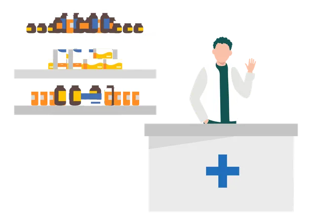 Boy Explaining About Medicines In Pharmacy  Illustration