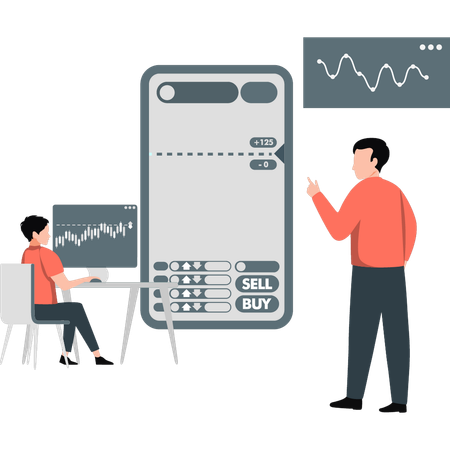 Boy explaining the process of buying and selling company shares  Illustration